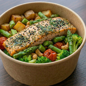 Herb-Crusted Salmon with Roasted Potatoes & Steamed Broccoli